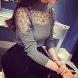 秋季新品韩版修身小衫女长袖性感蕾丝打底衫套头毛衣女高领针织衫