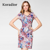 Koradior/珂莱蒂尔正品夏季时尚显瘦包臀网纱收腰修身印花连衣裙