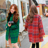 2015冬装新款 韩版针织粗花呢中长款格子毛呢外套 女潮格纹呢大衣