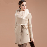 女士新款冬装 时尚韩版獭兔毛领腰带中长款针织羊毛大衣开衫外套