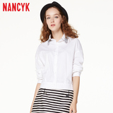 Nancyk2016春装新品短款韩系时尚百搭白色七分袖翻领纯棉衬衫 女