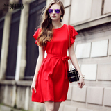 2016夏季新款欧美中长款铜氨丝连衣裙红色喇叭袖短袖a字显瘦裙子