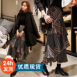 2016韩国代购特春款混色波点几何图案层层微褶荷叶大摆半身裙长裙