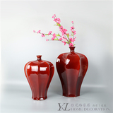 新中式创意禅意客厅电视柜红色陶瓷花器摆件玄关落地花器装饰品