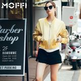 2016秋季新款MOFFI欧美风纯色缎面棒球服夹克短外套女