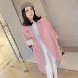 2015冬季新款韩版女装棉通勤长袖修身羊绒中长款西装领毛呢外套