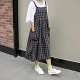 韩国chic学院风格子口袋宽松棉麻背带裙夏季连衣裙女学生宽松长裙