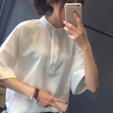 2016新款白衬衫女春夏装短袖原宿风学生简约宽松显瘦复古衬衣立领