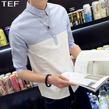 2016潮男韩版修身男五分袖衬衫立领条纹休闲衬衫青年中袖时尚衬衣