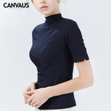 CANVAUS2016春夏新款纯色纯棉半高领修身短袖打底衫t恤女K147A