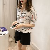 韩国代购衬衫女2016夏季新款韩范宽松条纹翻领衬衣蝙蝠短袖上衣