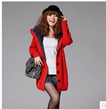 2015秋冬新款韩版大码女装连帽中长款加绒加厚保暖毛衣外套女开衫