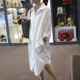 韩国东大门2016秋装新款 大码宽松BF白色超长款衬衫 蝙蝠袖衬衫裙