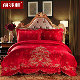 俞兆林中式新款婚庆提花四件套大红刺绣床品1.8床结婚双喜套件