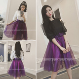 2016春季新款韩版百搭时尚休闲泡泡袖紫色网纱连衣裙两件套套装女