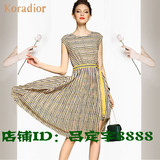 Koradior/珂莱蒂尔夏正品代购气质修身百褶大摆条纹雪纺连衣裙