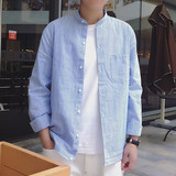 【ALUO】韩版小清新简约竖条纹印花男士修身立领棉麻薄款长袖衬衫