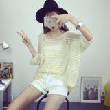 夏季新款韩版女装 薄款短袖镂空套头针织衫 罩衫 蝙蝠衫