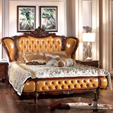 欧式贵族100%纯实木雕花床 美式橡木牛皮床 真皮双人床 美式婚床