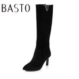 BASTO/百思图冬季专柜同款尖头粗跟高跟水钻羊皮女靴长靴TQ672DG5