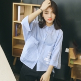 夏装韩版复古小清新宽松蝙蝠袖衬衫女字母印花七分袖条纹衬衣