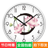 中国风山水画客厅现代圆形刻度个性静音钟表简约石英挂钟原创秒杀