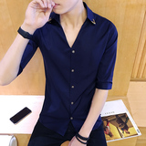夏季韩版男士雪纺7五分袖衬衫 青年修身型5分袖衬衣伴郎V领寸衫潮