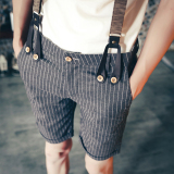 夏季新款男士五分韩版修身短裤背带裤休闲个性条纹青年锥形裤潮流