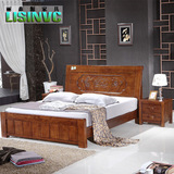 仿古雕刻高端水曲柳实木床 1.8米双人床简约现代中式白蜡木家具