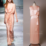 达菲时尚2016夏装新款 欧美高贵气质裸粉色度假风修身连衣裙长裙
