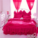 紫玫红色床裙四件套全棉纯棉韩式公主蕾丝结婚床上用品六八件包邮