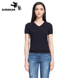 Girdear/哥弟女装春夏新款简约纯色V领短袖针织T恤790081