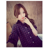 2015新款韩国BF风春装宽松大码超长款格子衬衣女装纯棉长袖衬衫裙