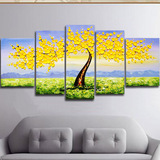 客厅沙发背景墙现代立体装饰画挂画五联纯手绘发财树油画