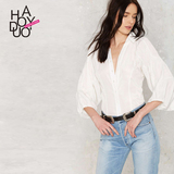 Haoduoyi2016夏装新款 简约通勤泡泡袖单排扣前短后长 修身女衬衫