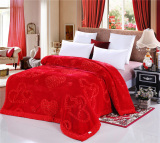 高端加厚双层纯色盖毯床上用品保暖丝带绣拉舍尔喜庆毛绒毯子2米