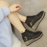 韩版2015秋冬新款系带松糕厚底短靴方头中跟坡跟马丁靴裸靴女