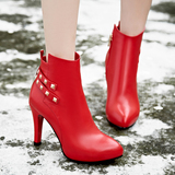 莎丝妮漫2015秋冬韩版新款真皮尖头高跟短靴时尚红色婚鞋细跟女靴
