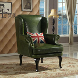 美式新古典单人皮艺沙发椅法式复古墨绿色真皮老虎椅休闲椅高背椅