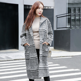 韩国2016秋冬季廓形加厚羊毛呢子千鸟格粗花呢外套大衣长款女装潮