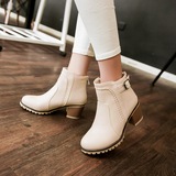 2016秋季新款米色高跟方跟短靴单靴女士鞋子冬靴女款女式靴子女靴