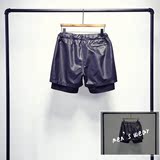 2015夏季新款男装短裤韩版修身皮质五分裤假两件套黑色休闲PU潮裤