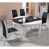简约烤漆黑白圆伸缩餐桌多尺寸可选钢化玻璃实木脚框架餐桌餐椅