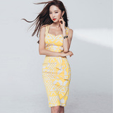2016夏季新款韩版性感修身印花中长款无袖连衣裙收腰系带包臀裙子