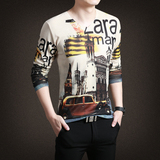 2016男式秋冬新款长袖T恤韩版修身印花V领打底衫青年个性针织体恤
