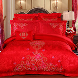高档婚庆四件套大红刺绣结婚床上用品纯棉绣花床品六八十多件套