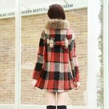 韩版修身气质格子大衣2015秋女士时尚呢子毛领外套中长款桔色风衣