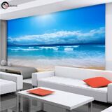 3d海景大型壁画 客厅沙发电视背景墙纸蓝色大海白云阳光沙滩壁纸