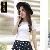 2016夏季新款韩版镂空蕾丝拼接短袖T恤女修身白色短款体恤衫上衣