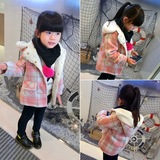 韩版童装2015冬款新品女童加绒加厚格子连帽呢子大衣外套宝宝上衣